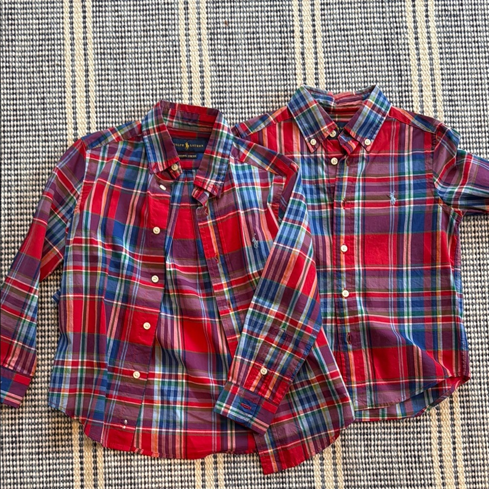 Matching Ralph Lauren Plaid Kids Shirts - Red and Blue, size 4 and 5